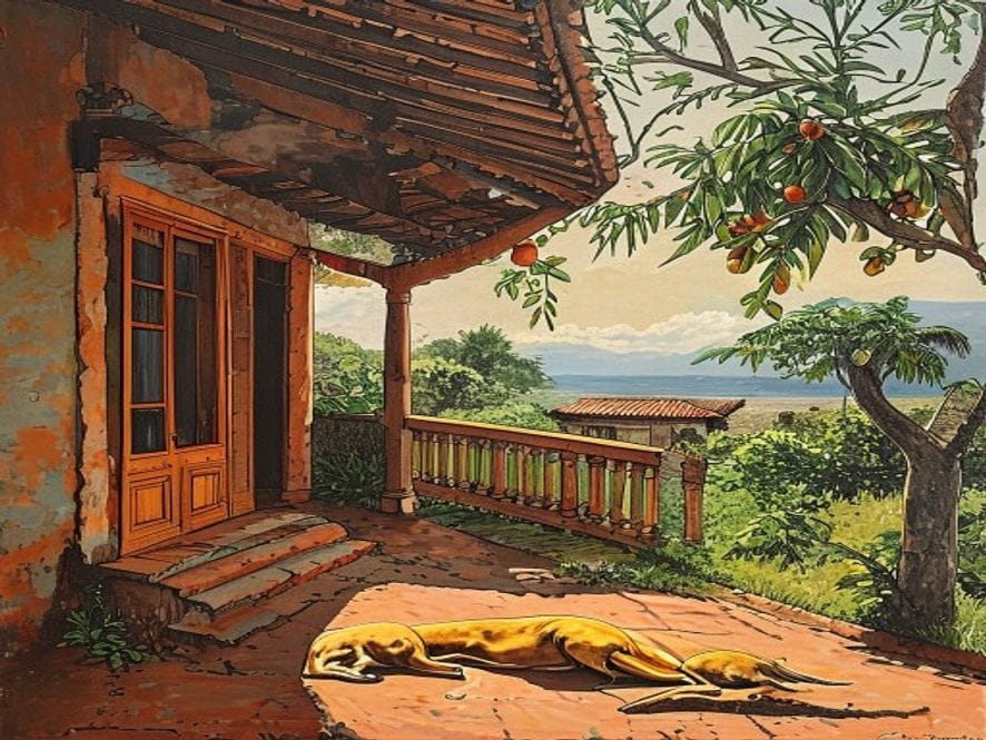 casa, varanda, alpendre, sol oblíquo, paleta terracota+ocre