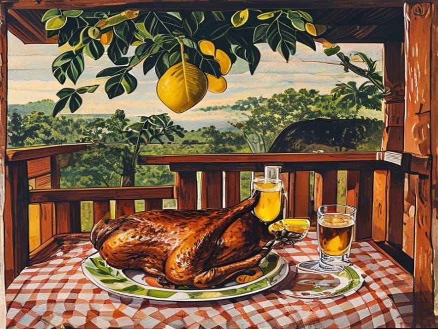 varanda, almoço, pratos de barro, cachaça, frango do Seu Cariri, Bruno embaixo da mesa