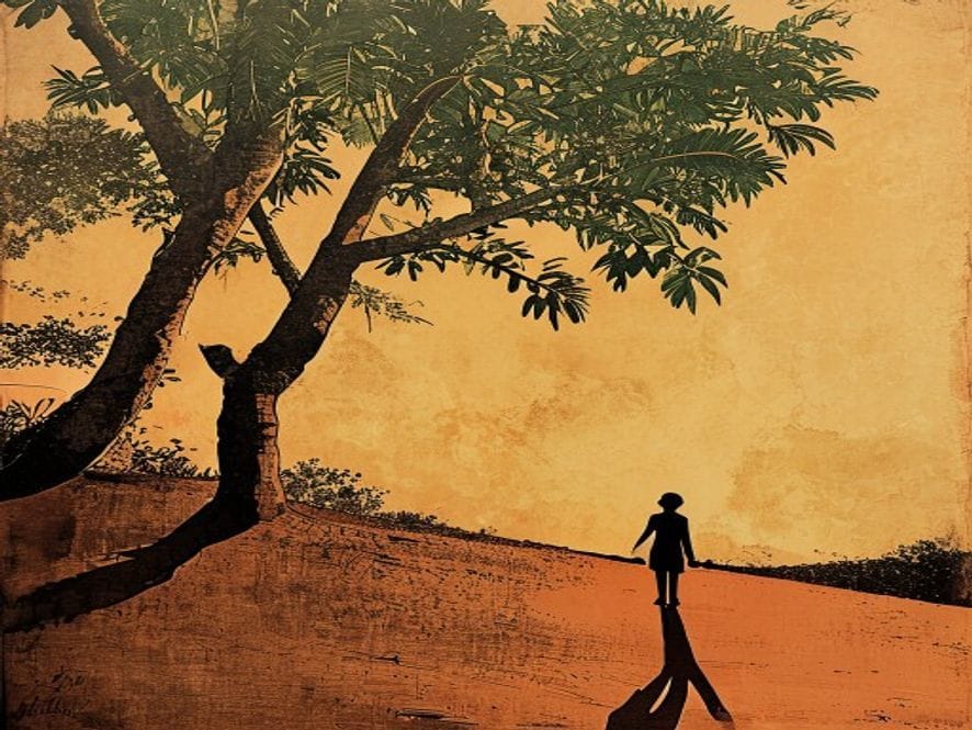 pé de manga em contraluz, duas sombras de mão dada, fora do enquadramento