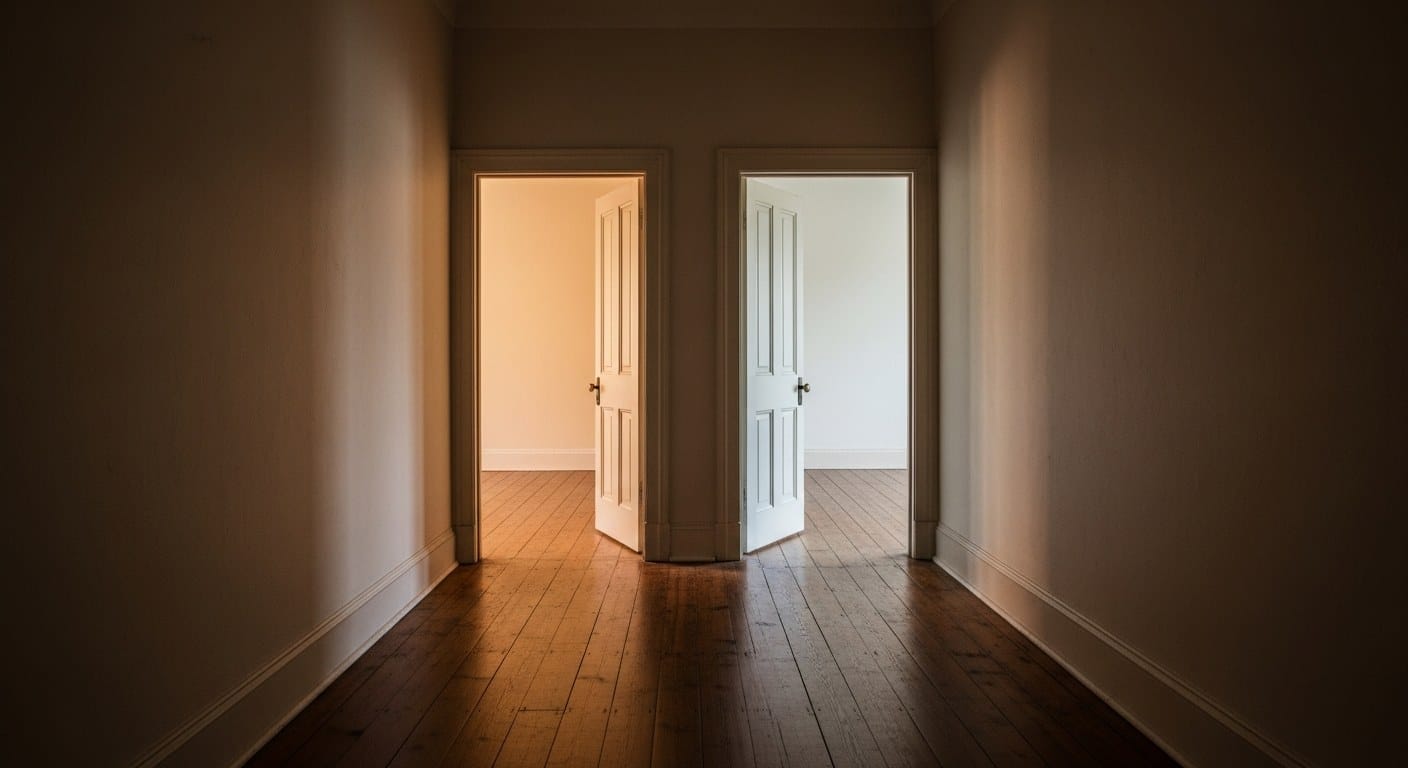 Corredor escuro de uma casa antiga com duas portas abertas lado a lado: de uma sai luz quente, da outra luz fria, e as duas luzes pousam no mesmo assoalho sem se misturar
