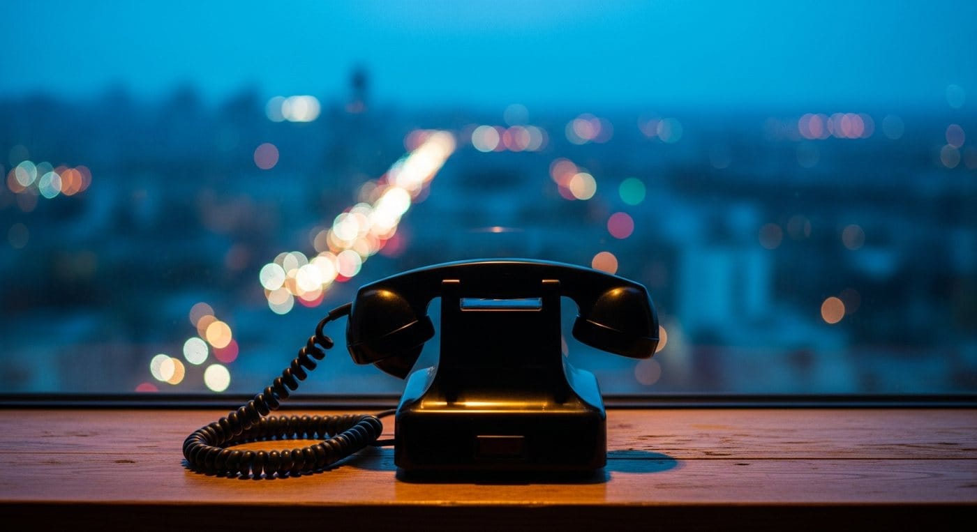 Um telefone de disco diante da cidade acesa ao anoitecer — o portal que escuta
