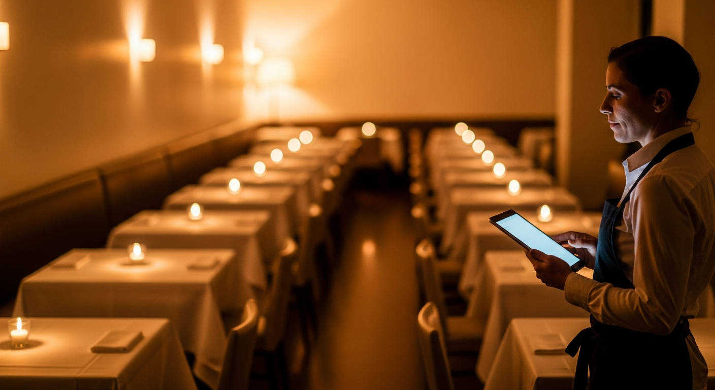 Dono de restaurante conferindo a operação num tablet, à luz baixa, antes do serviço