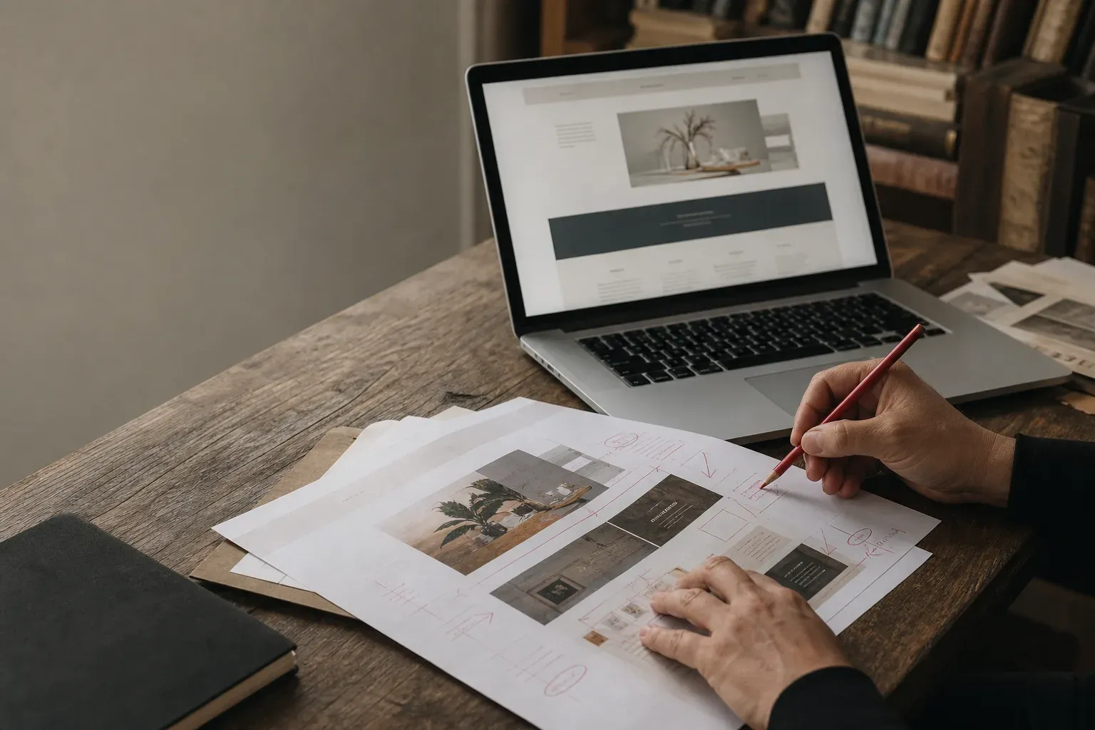 Mãos revisando uma página de negócio impressa ao lado de um computador