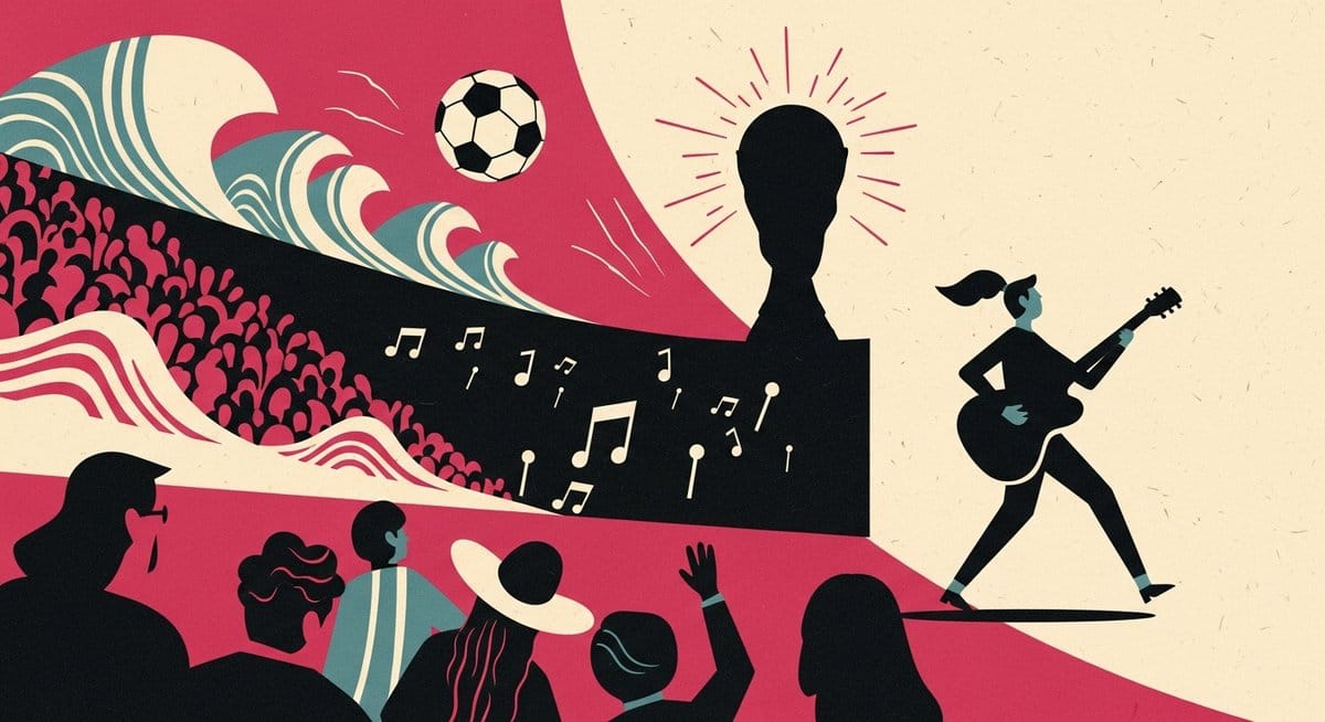 Ilustração editorial: Los Angeles encerra cerimônias de abertura da Copa com apresentação musical