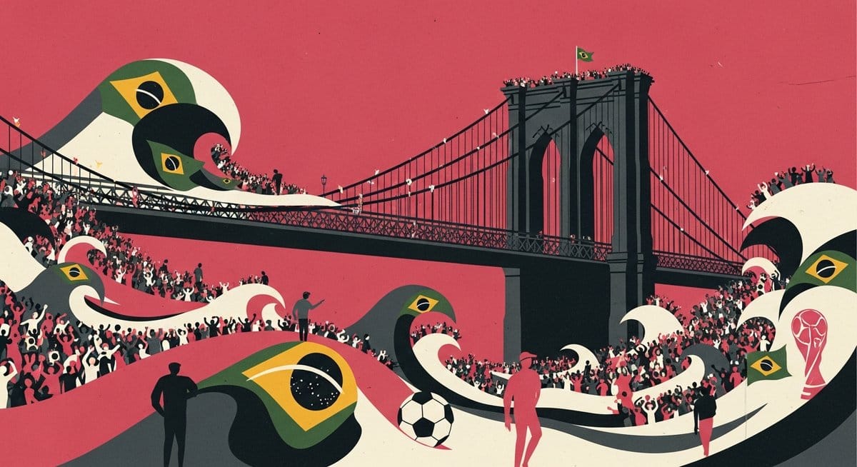 Ilustração editorial: Torcedores brasileiros ocupam Ponte do Brooklyn em Nova York