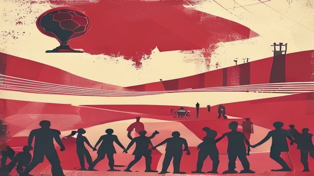 Ilustração editorial: Torcedores no Iraque deixam praça após interrupção em França x Iraque