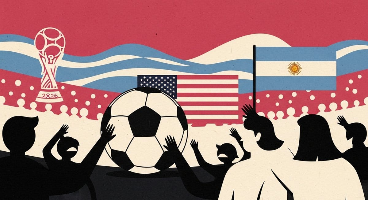 Ilustração editorial: Torcedores vaiam bandeiras de EUA e Argentina na abertura da Copa 2026