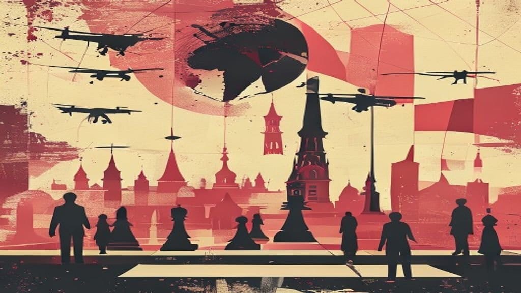 Ilustração editorial: Rússia ataca Kiev com drones e mísseis durante a noite