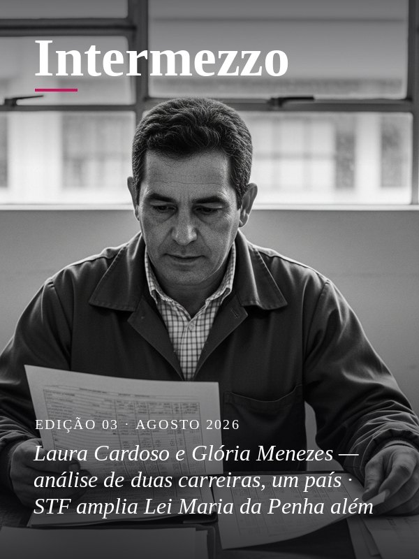 Capa da Intermezzo · Laura Cardoso e Glória Menezes — análise de duas carreiras, um país · STF amplia Lei Maria da Penha além do vínculo doméstico · Eleições 2026 com recorde de candidaturas indígenas · Médica de UTI pediátrica no Paraná responde por seis mortes