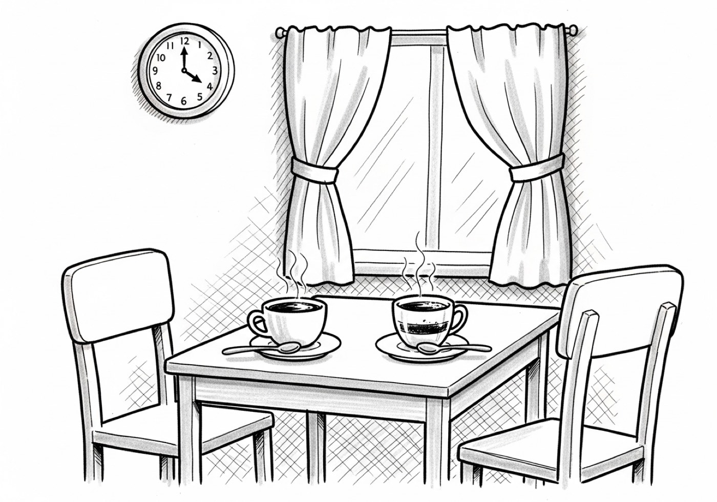 cartum de abertura — relógio, dois cafés (um intocado), cadeira puxada