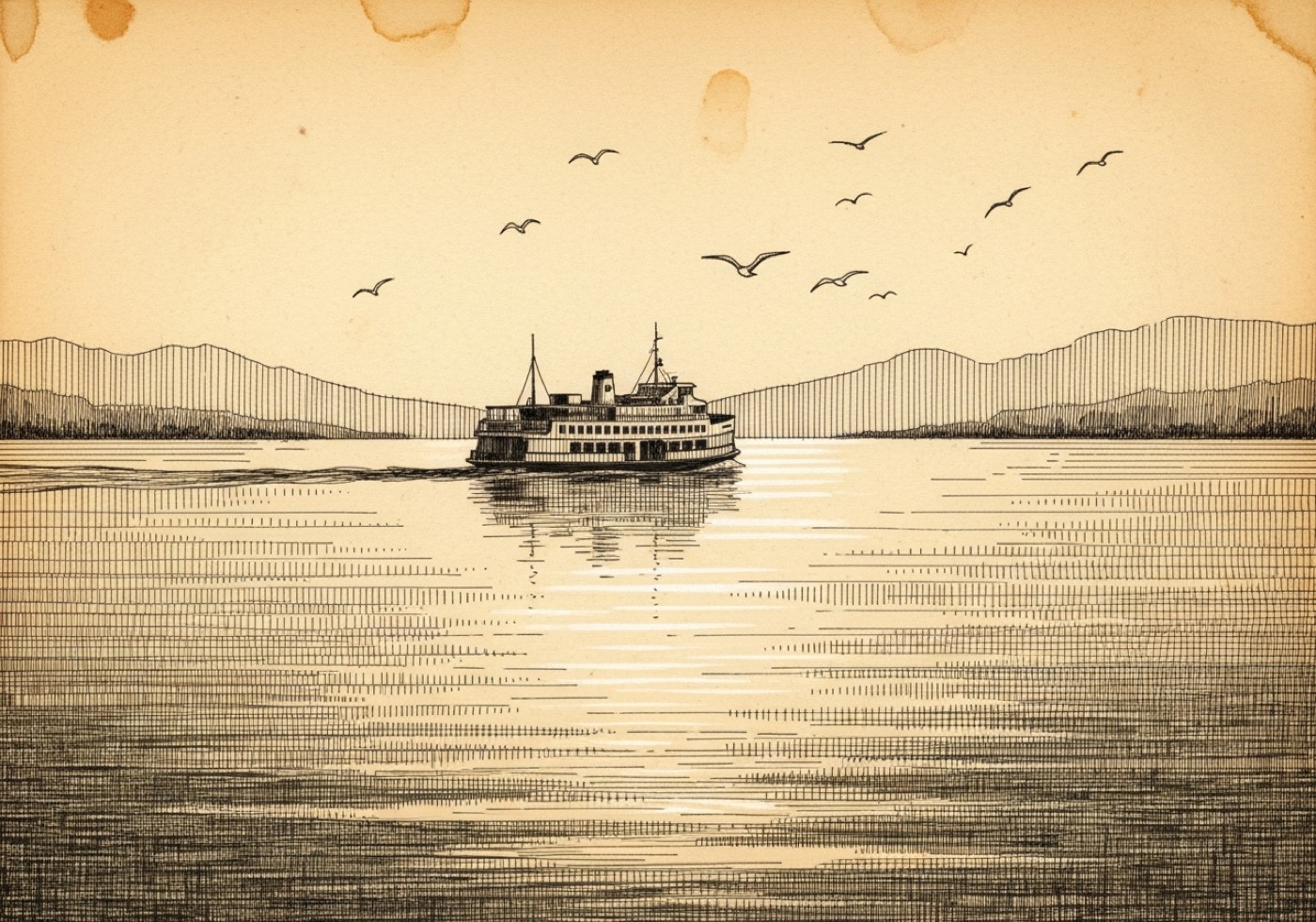 o barco de travessia visto do cais, ainda longe