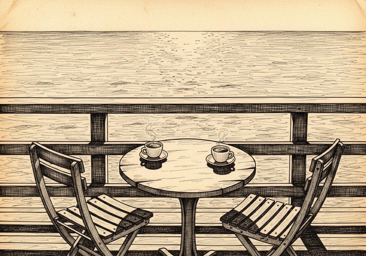 a mesa do quiosque com dois cafés, cadeiras vazias, o mar