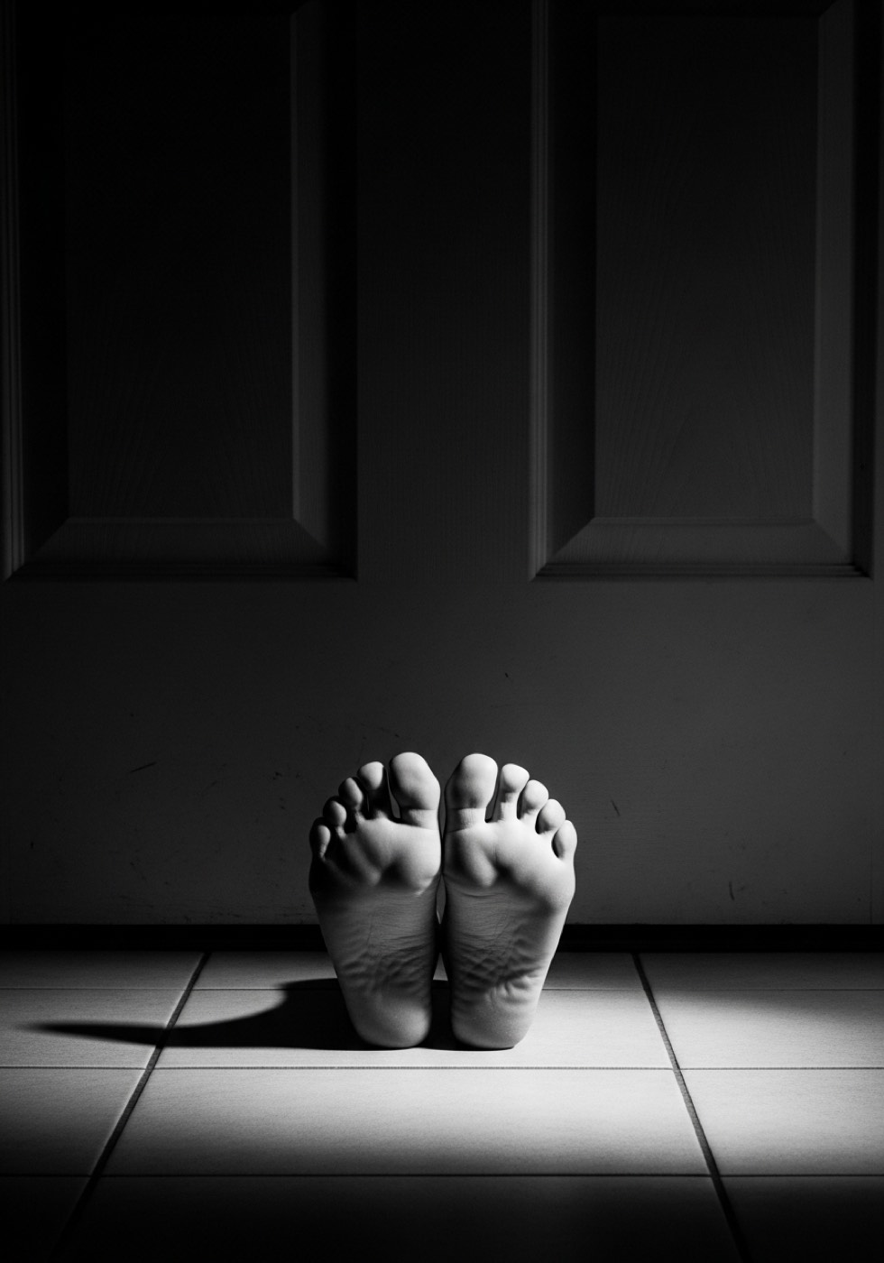 dois pés descalços no ladrilho frio, diante da porta fechada · Dora