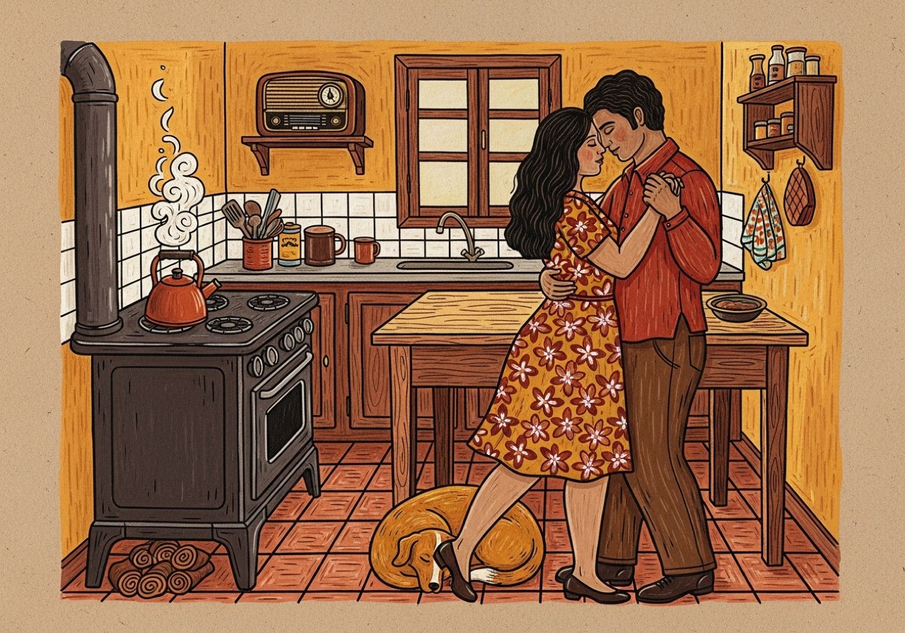 abertura em cor — um casal dança devagar na cozinha, a chaleira apita