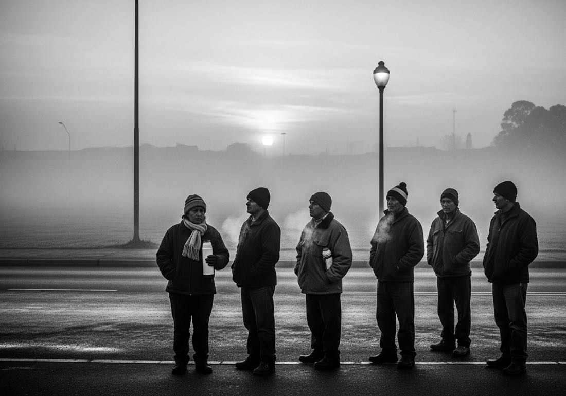 Ponto de ônibus na neblina de inverno, trabalhadores agasalhados esperando ao amanhecer
