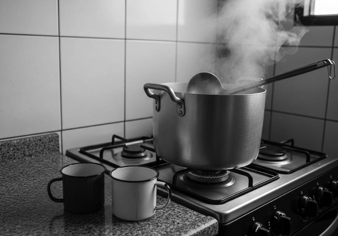 Panela grande de caldo de feijão fumegante com concha, no fogão a gás
