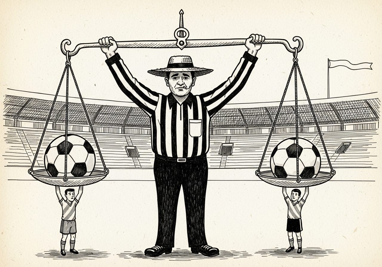Charge em traço de nanquim: um árbitro de chapéu de palha segura um apito enorme enquanto dois jogadores, um de cada lado, carregam nas costas a balança da Justiça — cada prato tem uma bola de futebol e os dois lados estão exatamente iguais; ao fundo, a arquibancada vazia olha