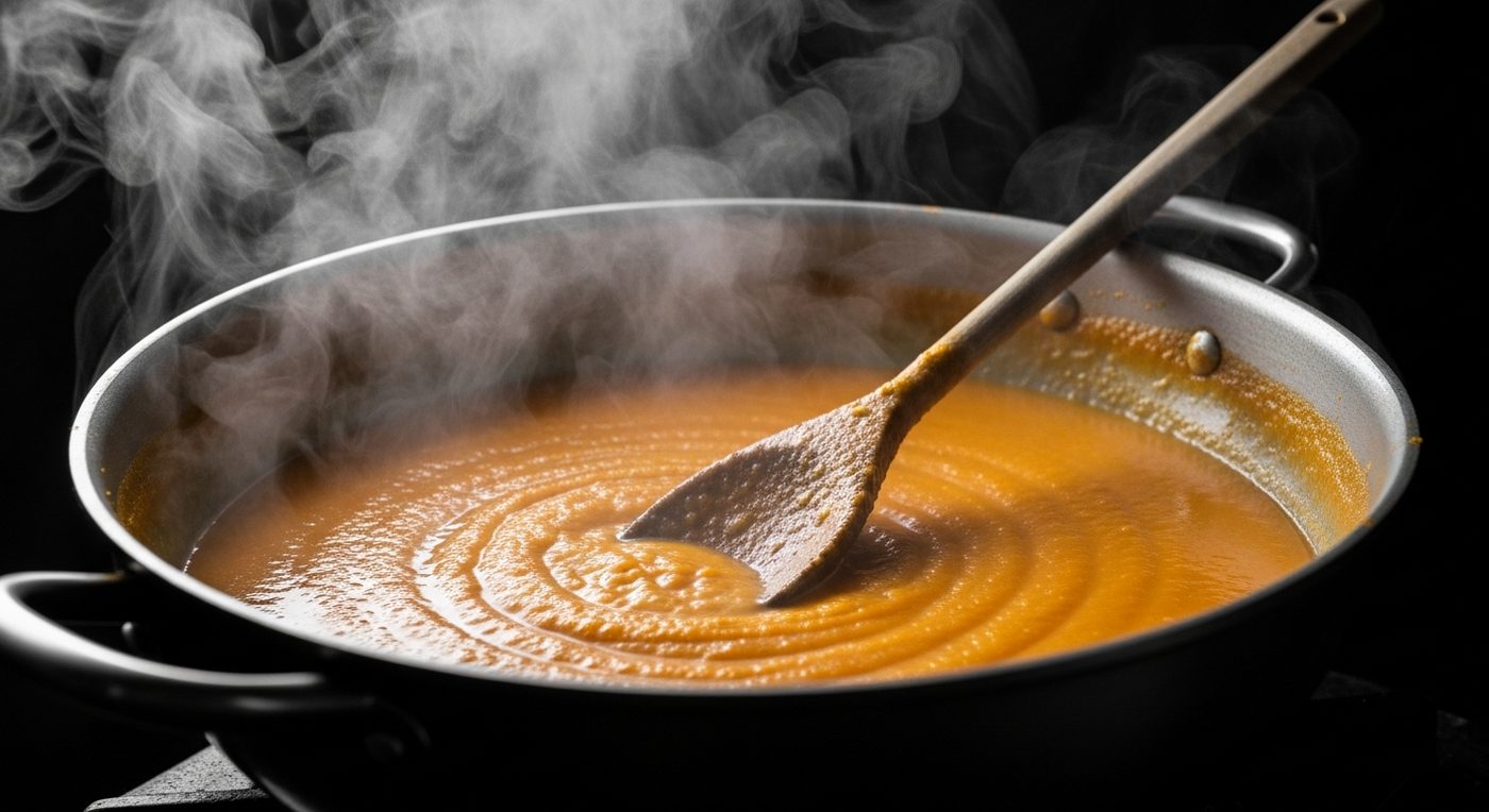 Panela funda com sopa de abóbora alaranjada, vapor subindo, colher de pau apoiada na borda