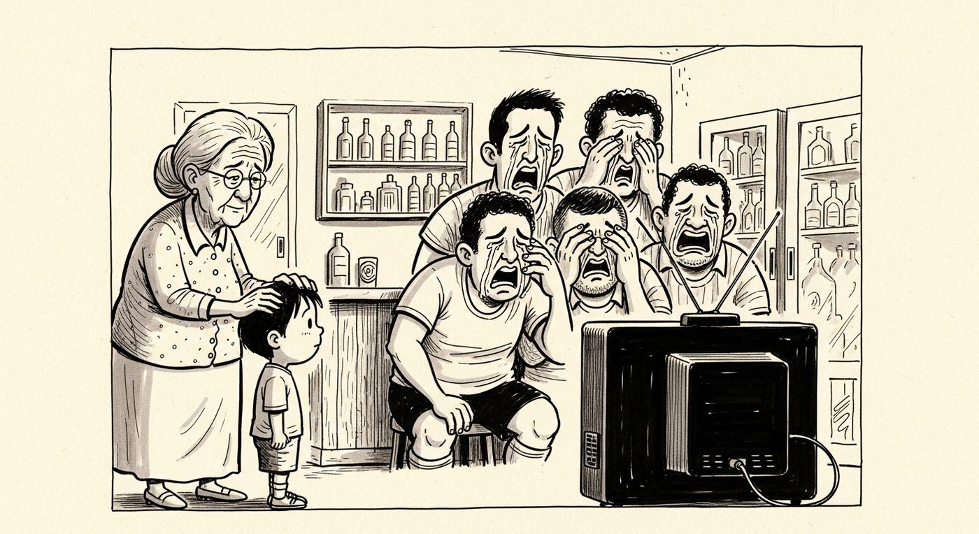 Charge muda: um menino observa os adultos chorarem diante da TV com o futebol, enquanto a avó pousa a mão na cabeça dele. Traço de Tibiriçá.