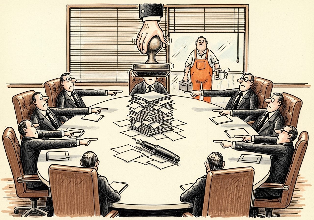 Charge em traço de nanquim: uma sala de reunião com mesa oval e cadeiras de couro; sobre a mesa, uma pilha alta de papéis encimada por um carimbo gigante ainda suspenso no ar; ao redor, figuras de paletó apontam umas para as outras com os braços estendidos, cada uma recuando levemente; a caneta-tinteiro rola sozinha pelo centro da mesa sem que ninguém a alcance; ao fundo, pela janela aberta, um homem de macacão e marmita na mão observa a cena com expressão serena e um café na outra mão