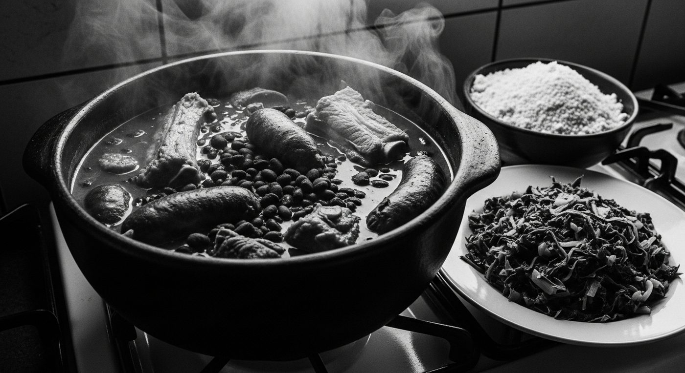 Panela de barro funda com feijoada fumegante, grãos negros brilhantes, pedaços de carne e linguiça, cheiro-verde por cima, sobre fogão doméstico
