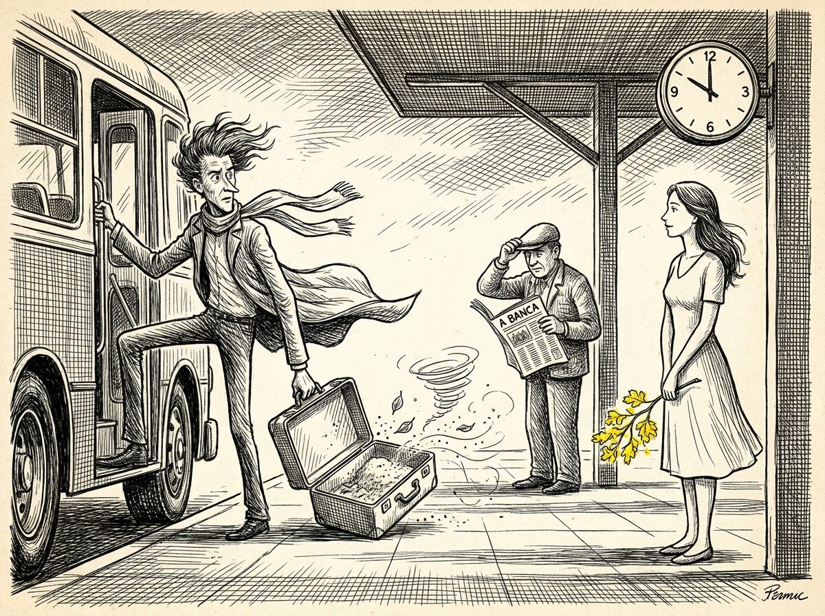 Charge em traço de nanquim: plataforma de rodoviária ao primeiro clarão da manhã; um agosto personificado — homem comprido e despenteado, feito de rajada, cachecol ao vento — sobe o degrau do primeiro ônibus arrastando uma mala surrada que vaza poeira e folhas secas; no banco da plataforma, setembro espera na figura de uma moça serena com um ramo de ipê-amarelo no colo; entre os dois, um passageiro madrugador segura o boné com uma mão e o jornal dobrado na outra