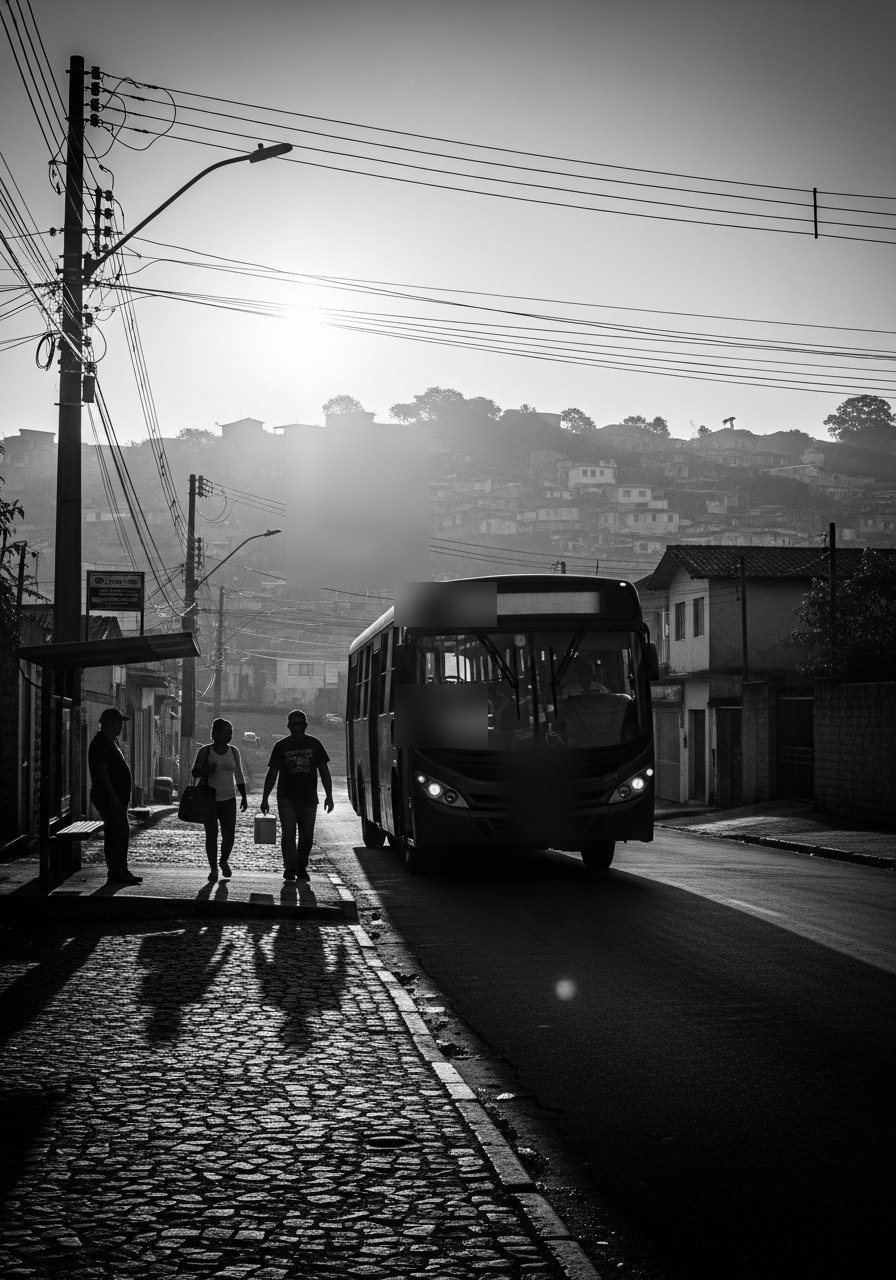 Rua brasileira ao amanhecer, trabalhadores a caminho