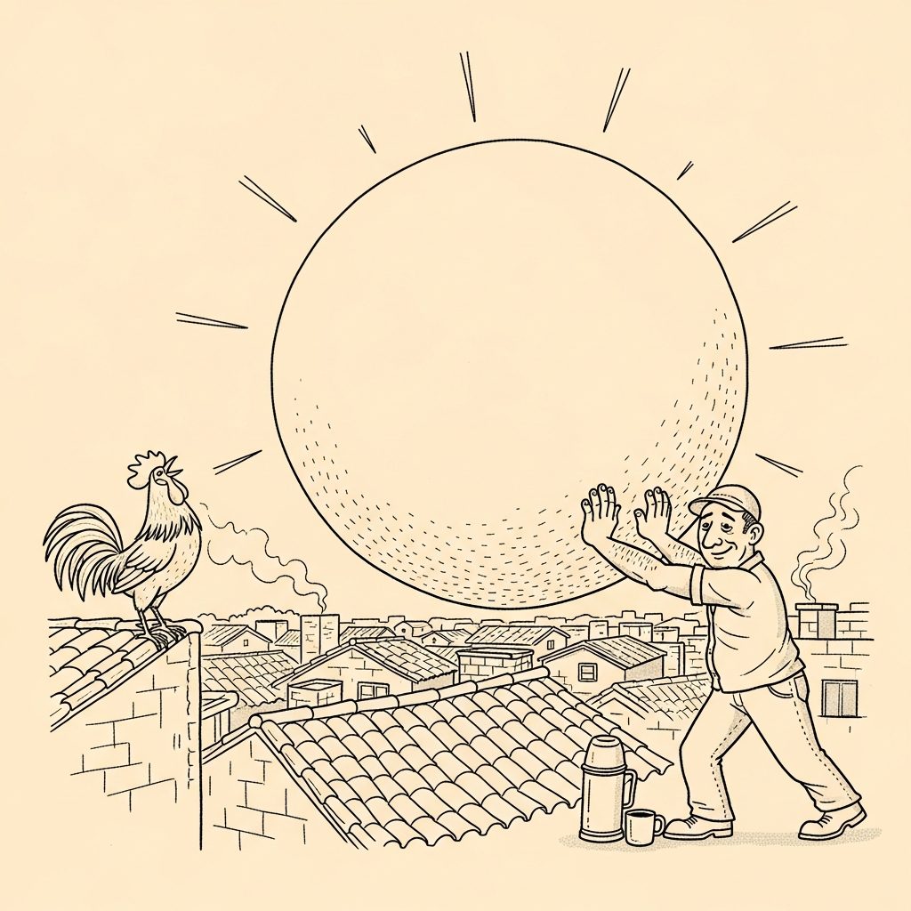 Charge de Risco: trabalhador empurrando o sol pra cima sobre os telhados