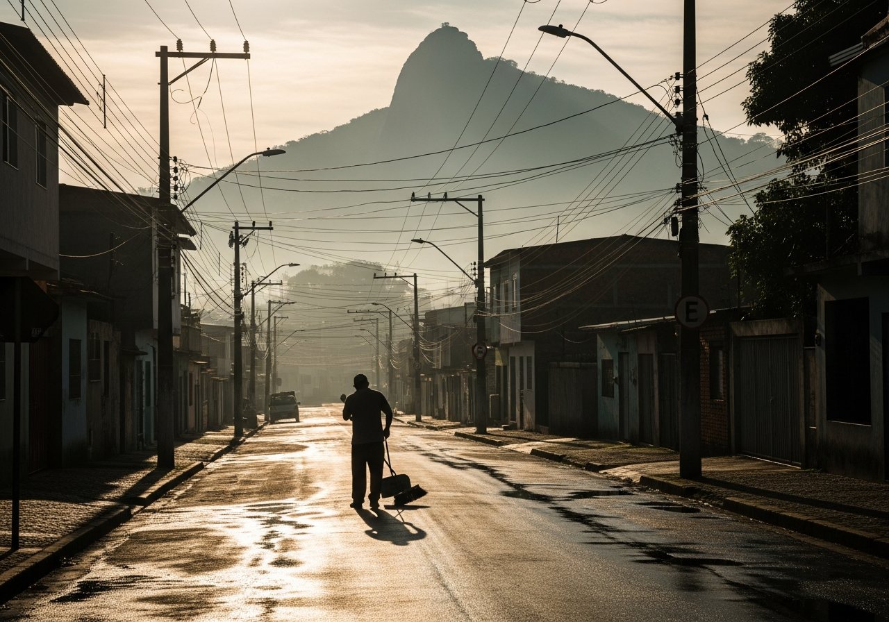 Rua do Rio de Janeiro ao amanhecer, calçada molhada, neblina