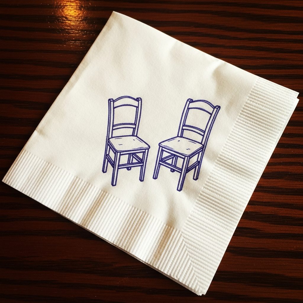 Guardanapo de bar dobrado, com desenho à esferográfica de duas cadeiras frente a frente, nada entre elas