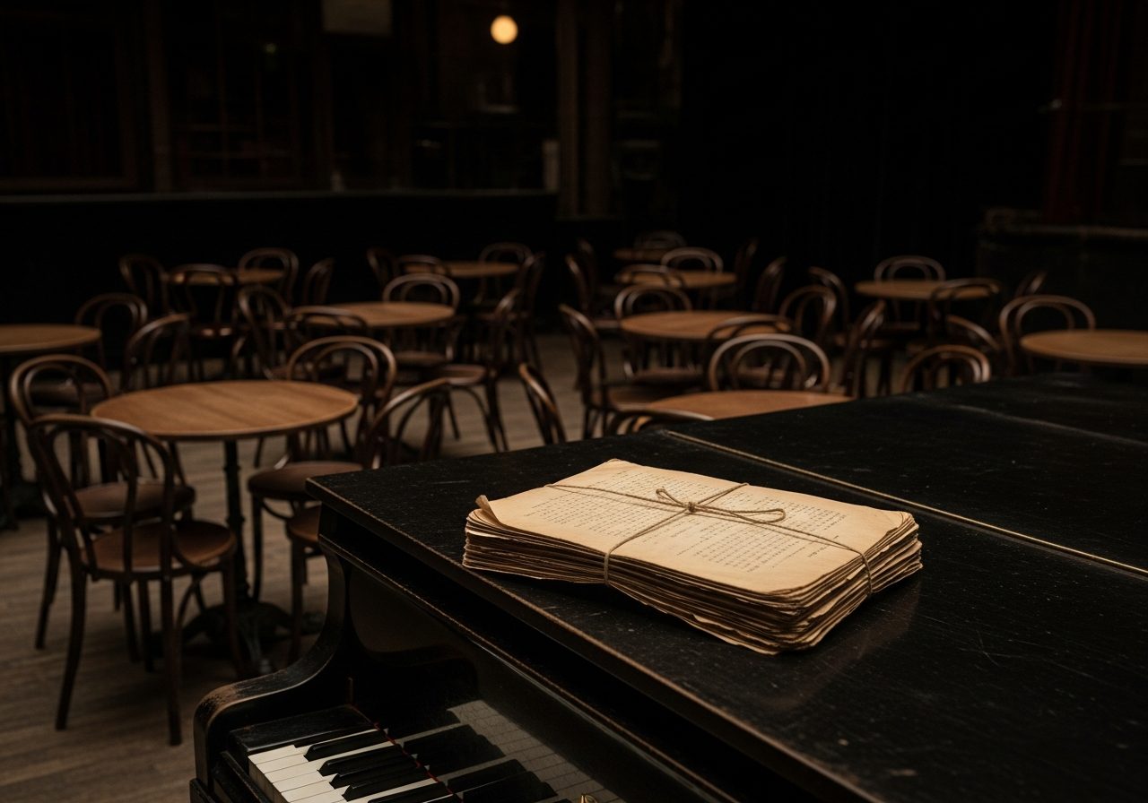 Um papel dobrado e fechado sobre a tampa fechada de um piano, no salão vazio do Jazigo de madrugada