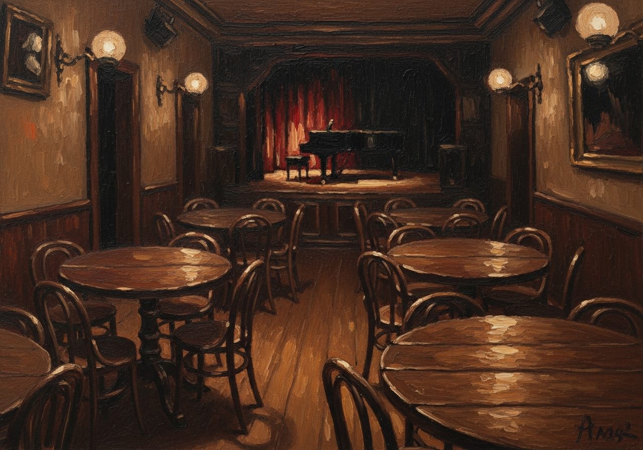 Óleo sobre linho: o salão vazio do Jazigo, com as mesas, a lâmpada fraca e o piano ao fundo