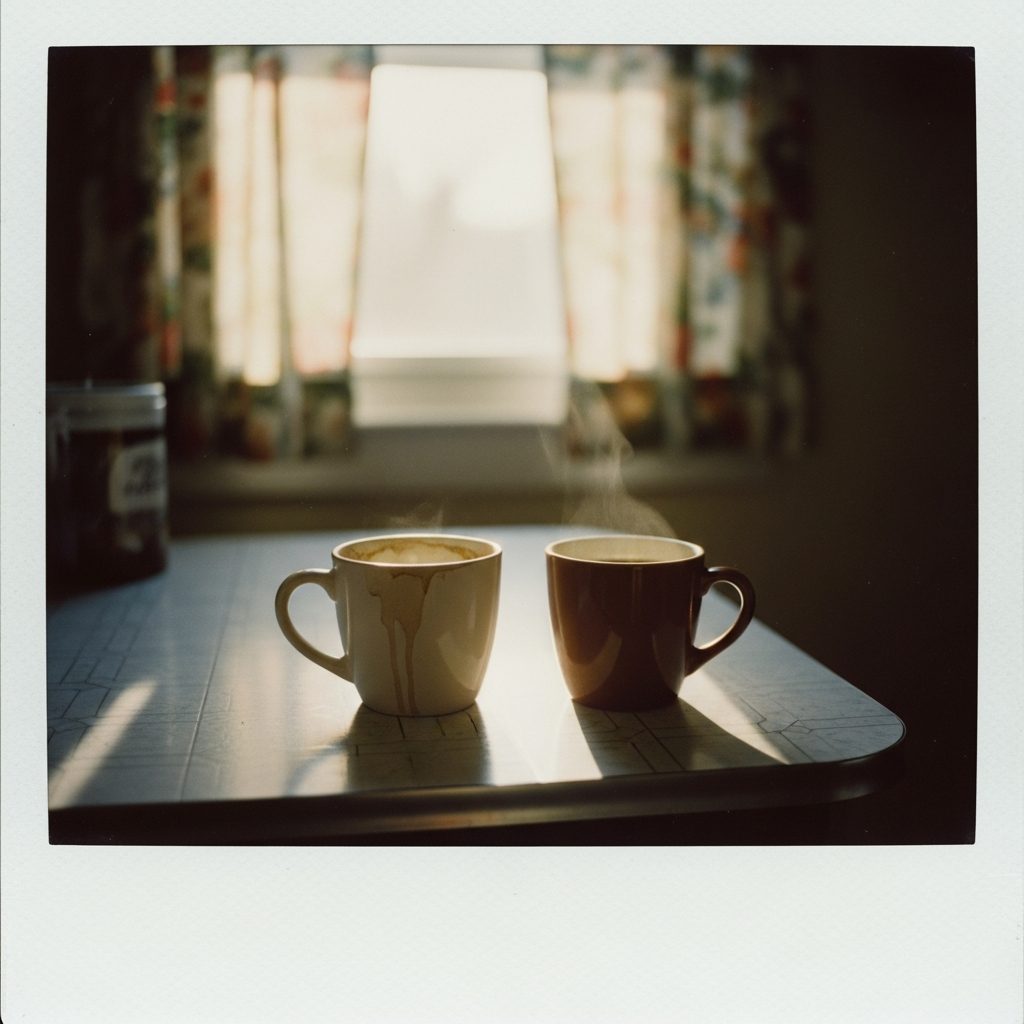 Polaroide de Beto Calazans: duas xícaras na mesa, uma só usada