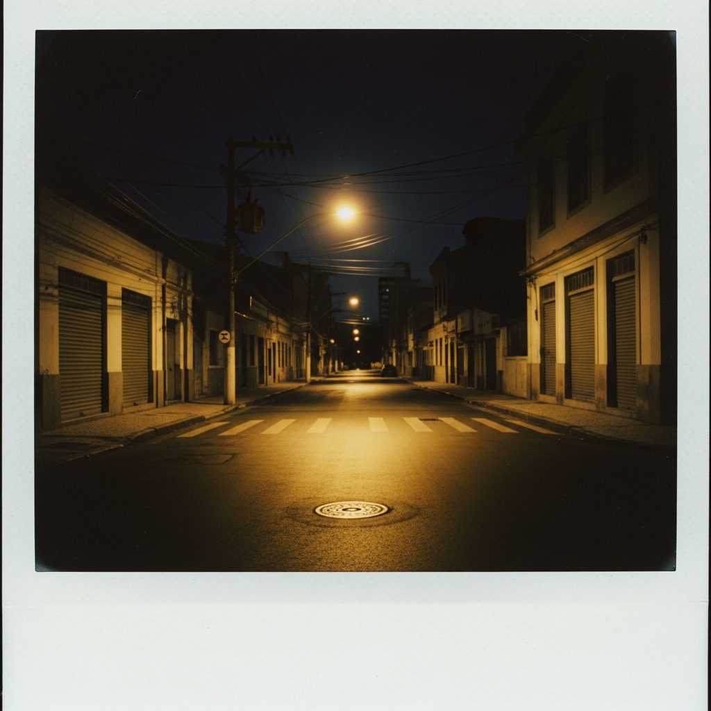 Polaroide de Lia Campos: a rua às 4h23, o poste refletido dentro da poça