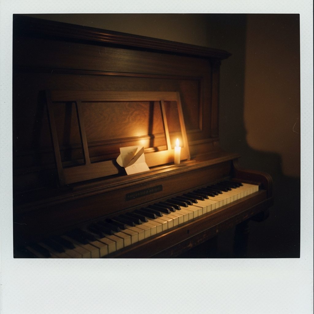 Polaroide de Maíra Calazans: um bilhete dobrado em quatro no console do piano