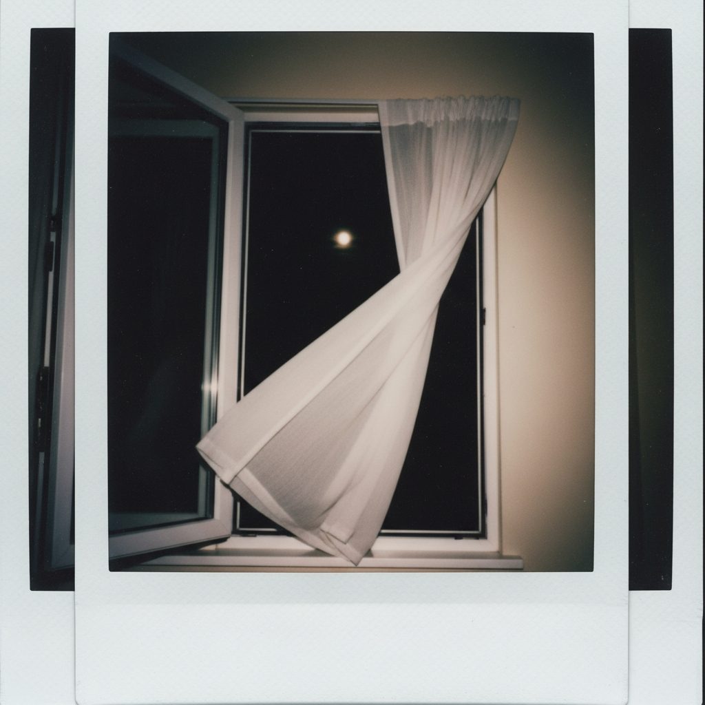 Polaroide de Mariana Vidal: a janela do Tomo 01, com a cortina ao vento