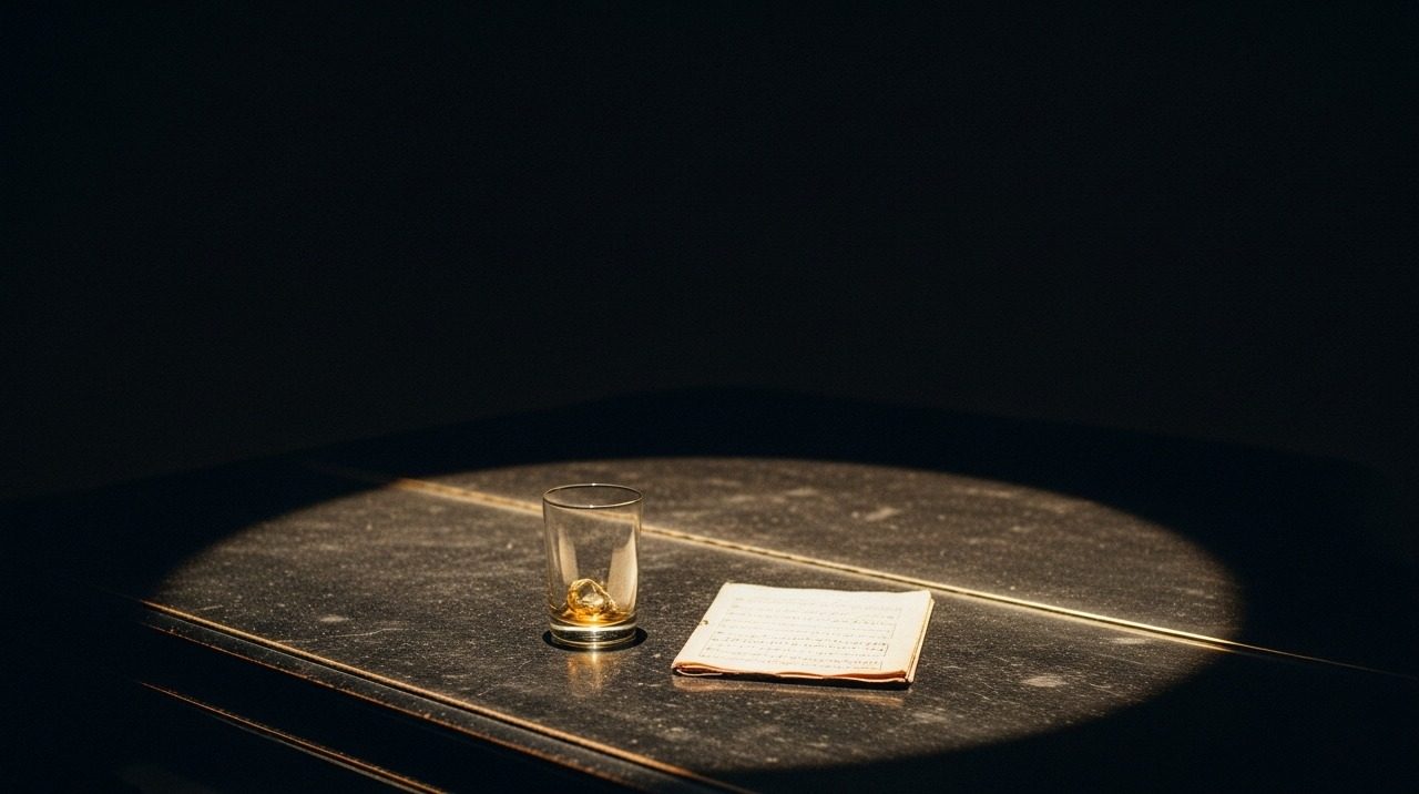 Copo com resto de âmbar seco a dois dedos de uma partitura amarelada fechada, sobre o piano preto