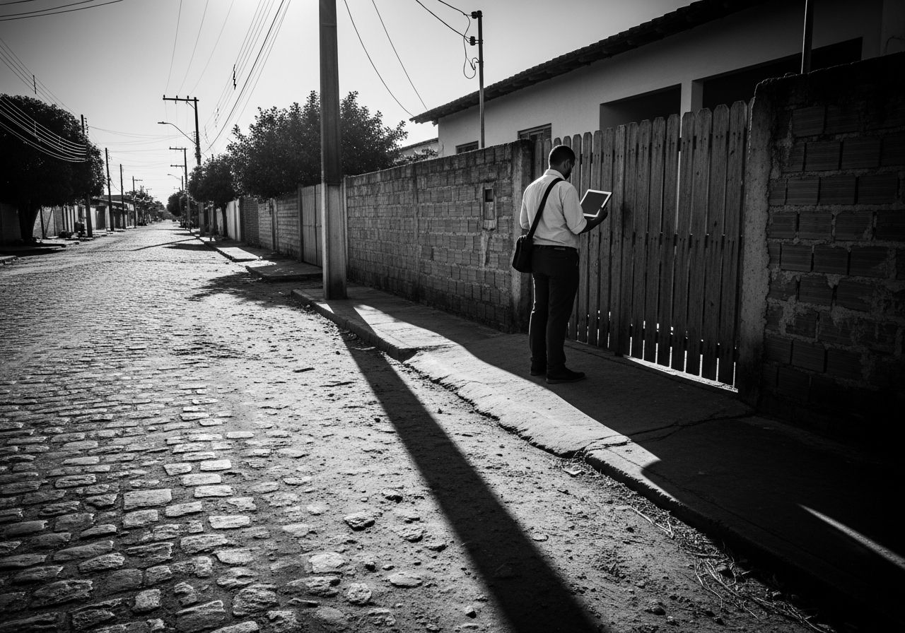 Entrevistador de costas, com bolsa a tiracolo, diante do portão de madeira de uma casa simples em rua de paralelepípedos