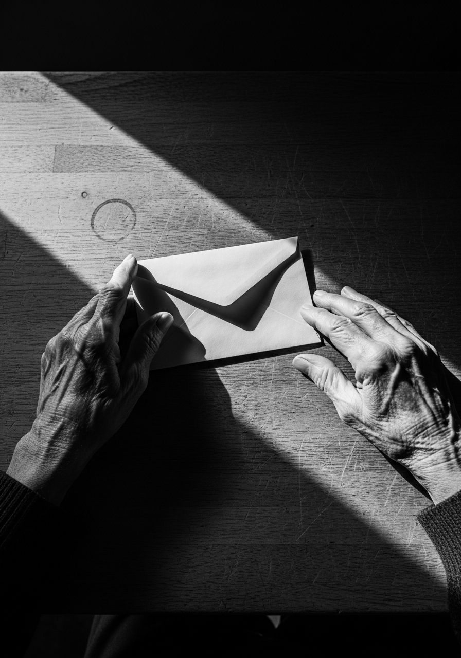 Mãos idosas seguram uma carta fechada sobre a mesa