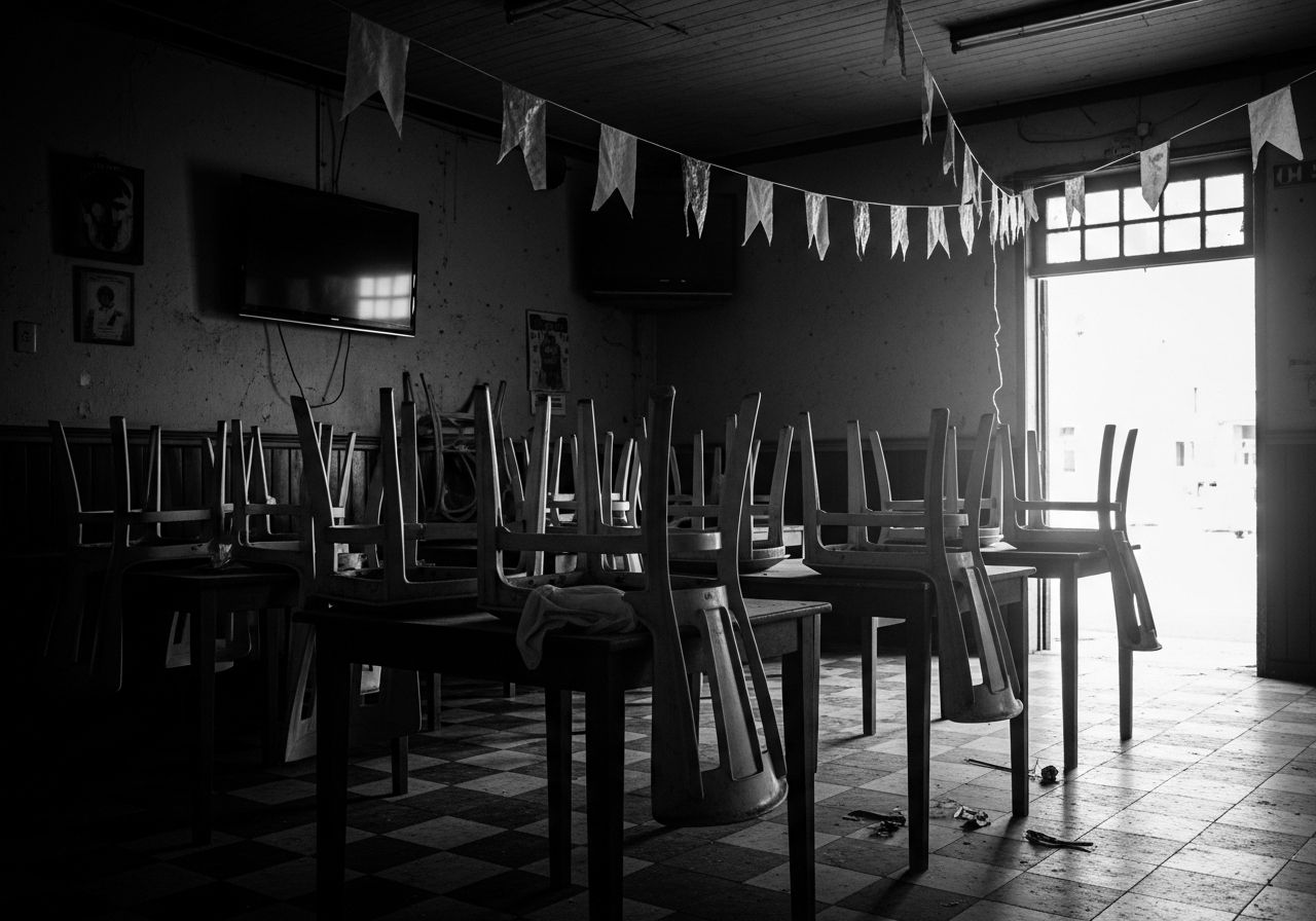 Bar vazio na manhã seguinte ao jogo, cadeiras sobre as mesas e televisão apagada