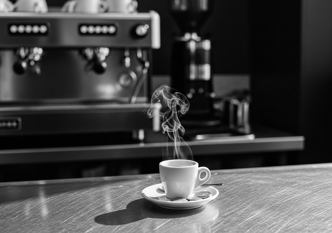 Xícara pequena de cafezinho fumegante sobre balcão de aço, com moedas no pires