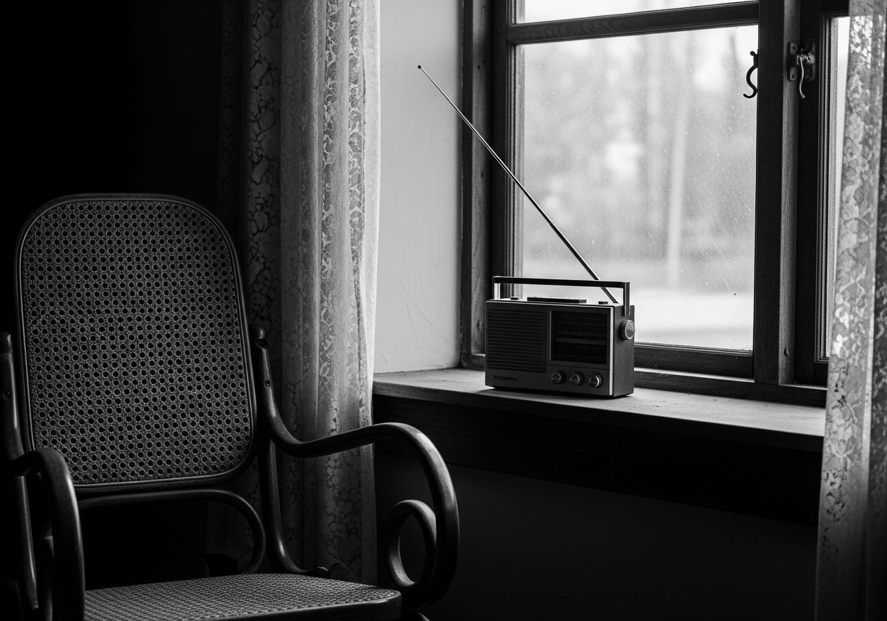 Rádio de pilha antigo com antena estendida sobre um parapeito de janela, ao lado de uma cadeira de palha