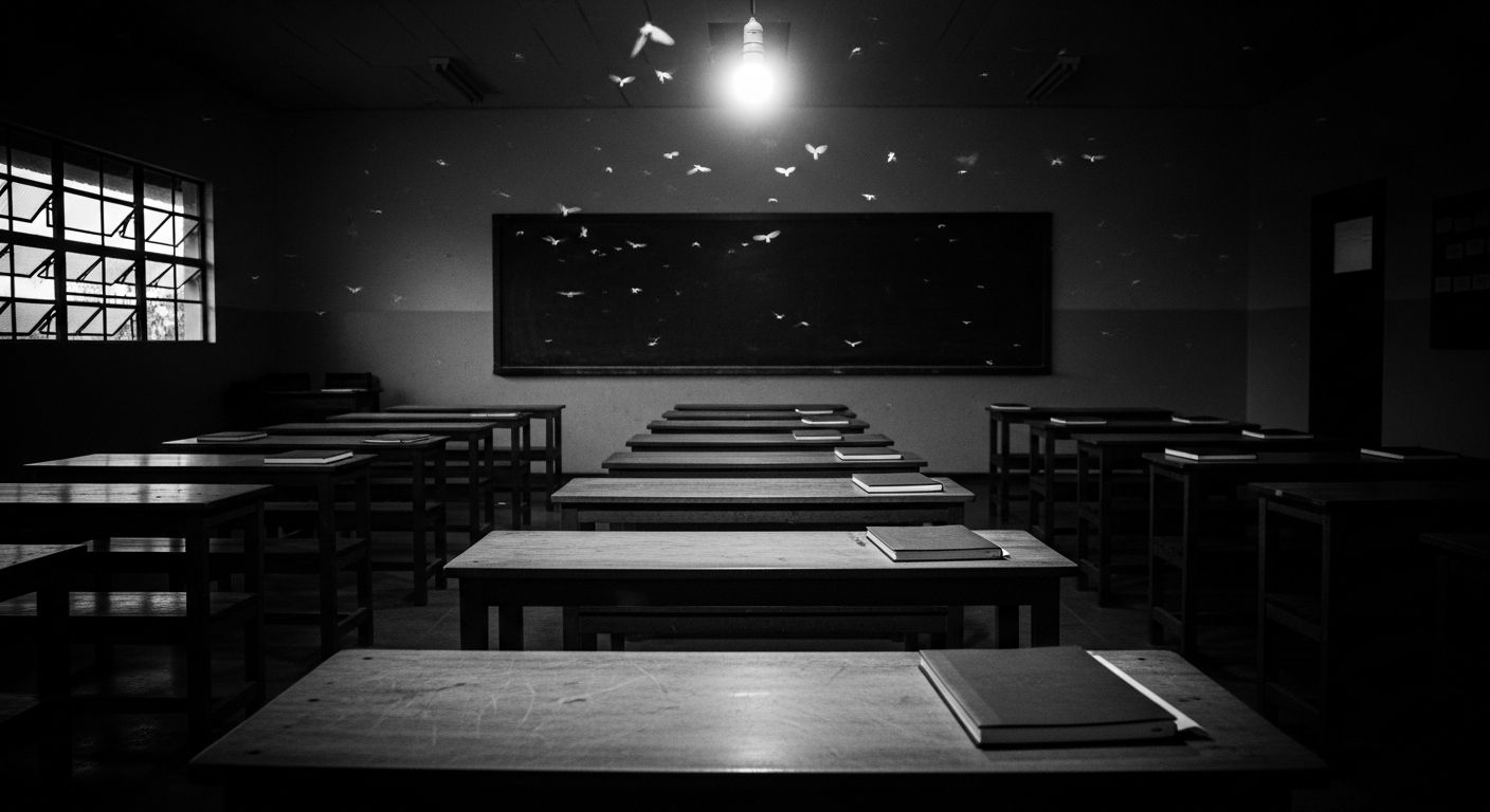 Sala de aula noturna vazia, carteiras enfileiradas sob uma lâmpada acesa