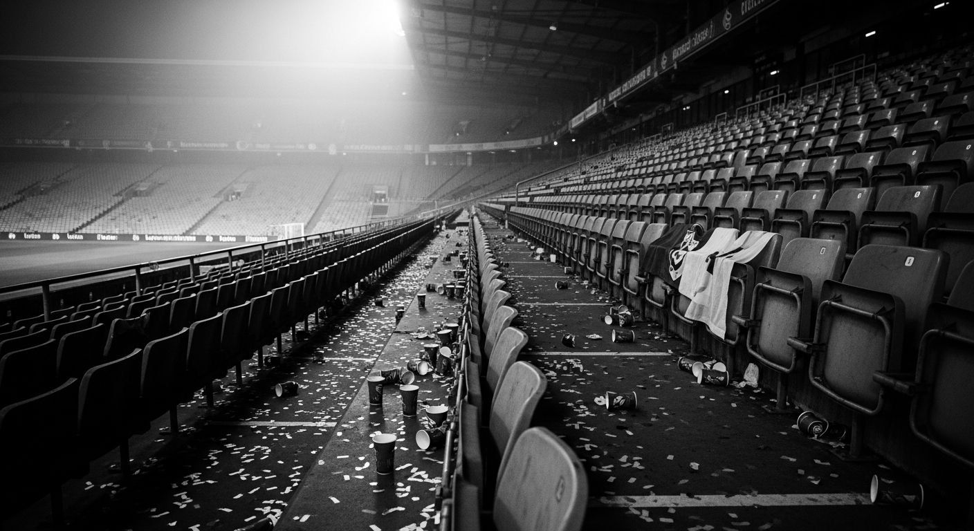 Arquibancada vazia de estádio à noite, com papel picado no chão sob os refletores