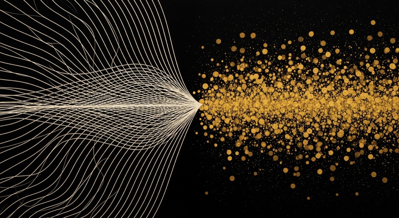 Arte generativa: linhas de cordas ordenadas atravessadas por partículas de percussão