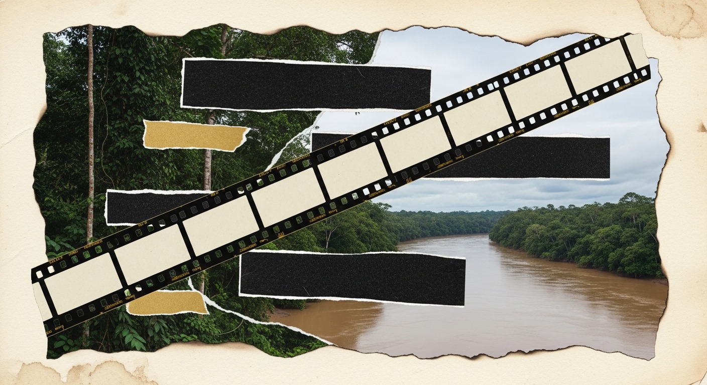 Colagem: tiras de filme 16mm atravessando em diagonal fotos rasgadas de floresta amazônica e rio, alguns fotogramas cobertos por tarjas pretas de papel rasgado