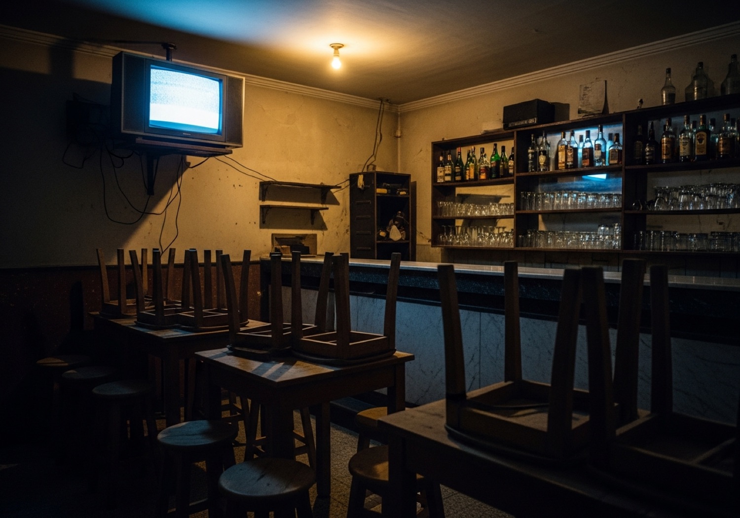 Bar vazio de madrugada com TV antiga acesa no canto