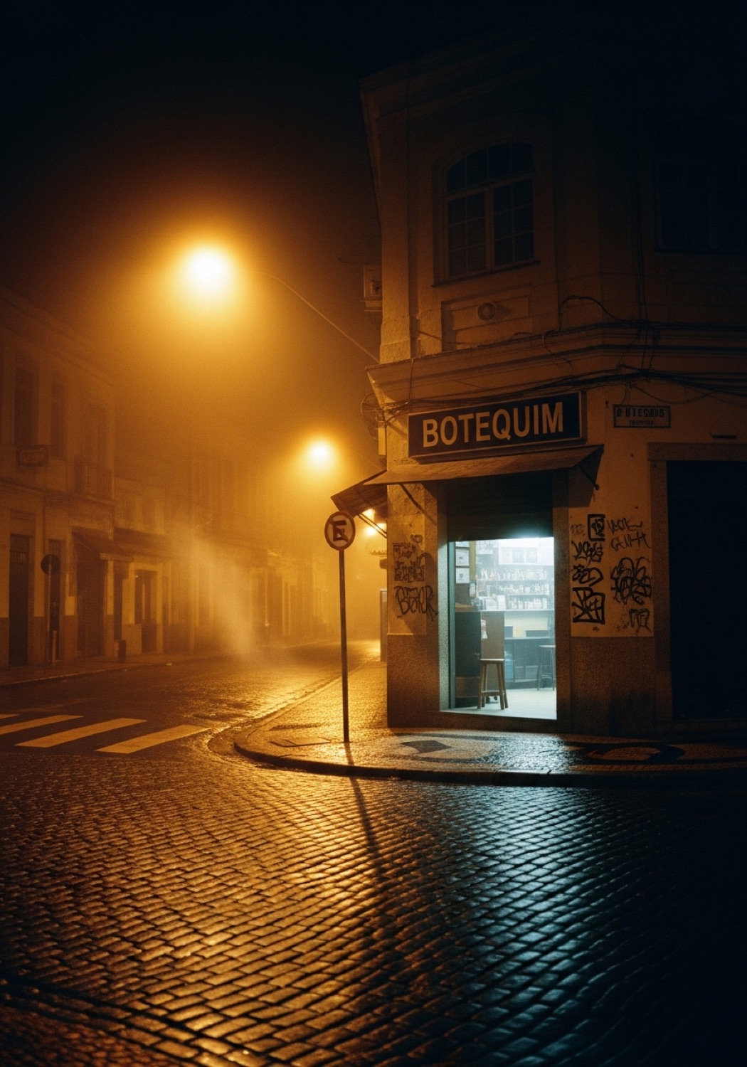 Esquina de botequim aceso na madrugada fria e enevoada