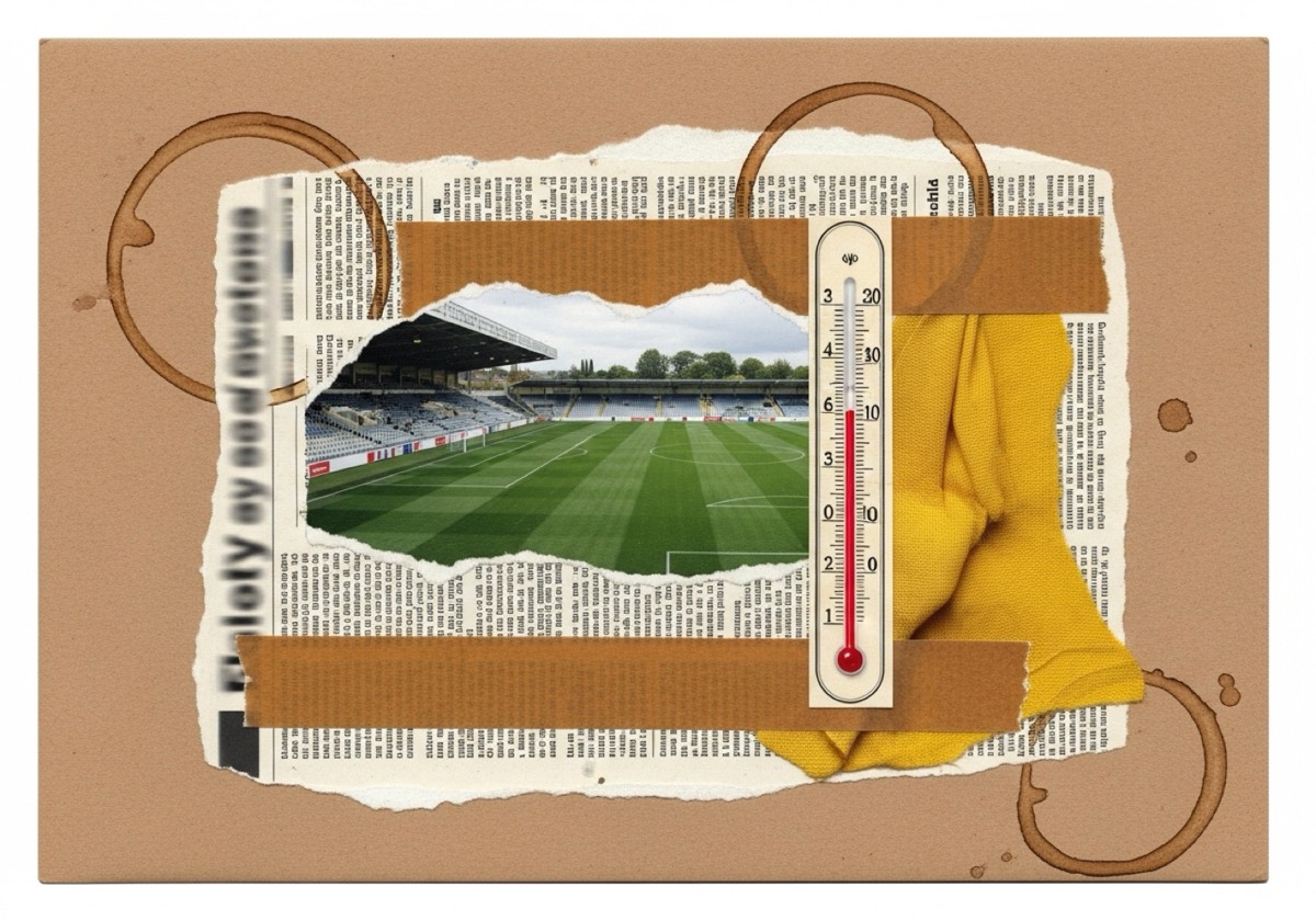 Colagem de papel rasgado: jornal, campo de futebol vazio, retalho amarelo, termômetro de revista, fita e manchas de café