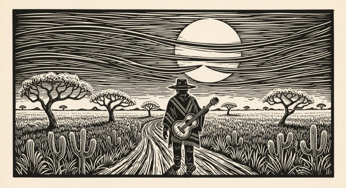 Xilogravura: o violeiro de poncho caminha por estrada de terra na caatinga coberta de geada, sob um sol pálido